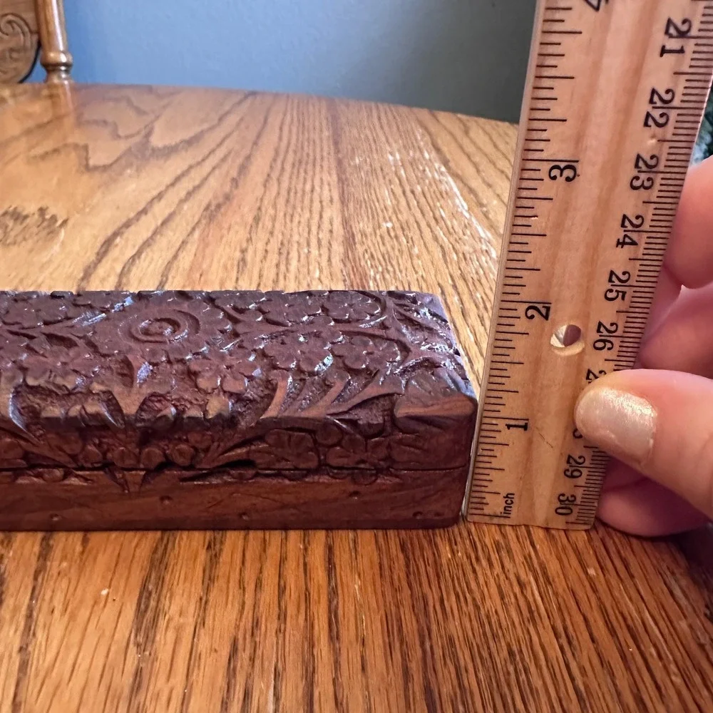 Hand Carved Wood Trinket Box Set 2pc Brown Floral Vine Decor